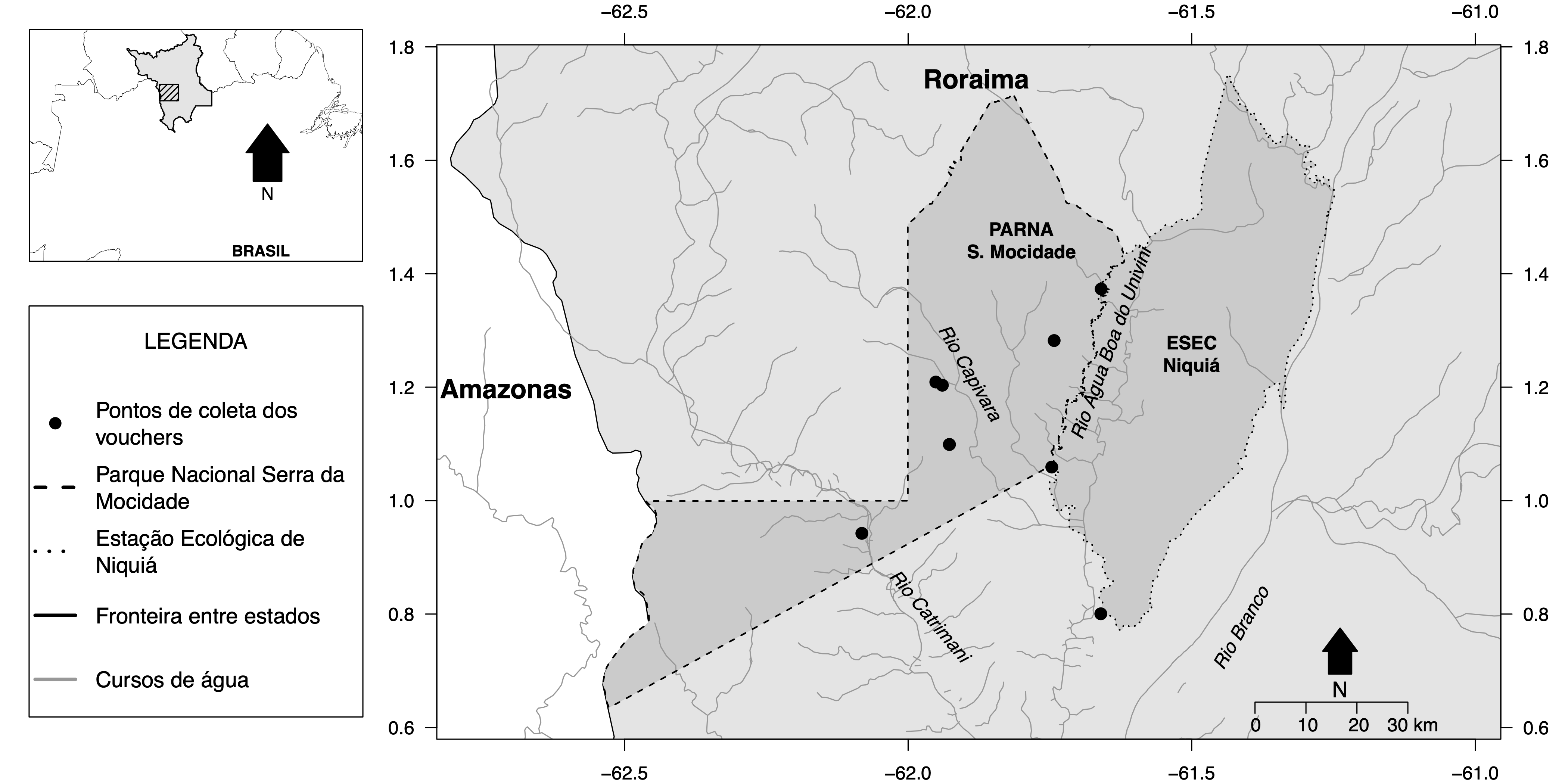 Mapa com as duas unidades de conservação (Parque Nacional Serra da Mocidade e Estação Ecológica de Niquiá) onde as novas ocorrências de angiospermas foram encontradas em Roraima, Brasil.