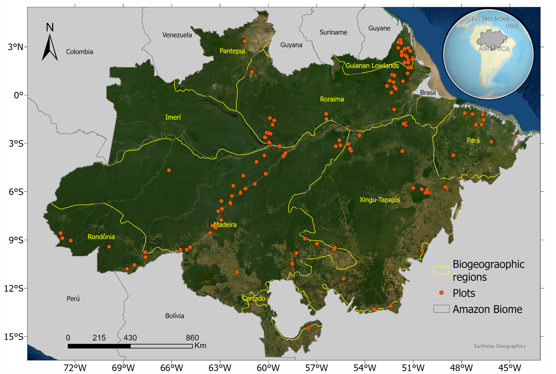 Figura 1 de Lima et al. 2023. Distribuição das parcelas permanentes na Amazônia Brasileira e delimitação das regiões biogeográficas na escala de biomas.